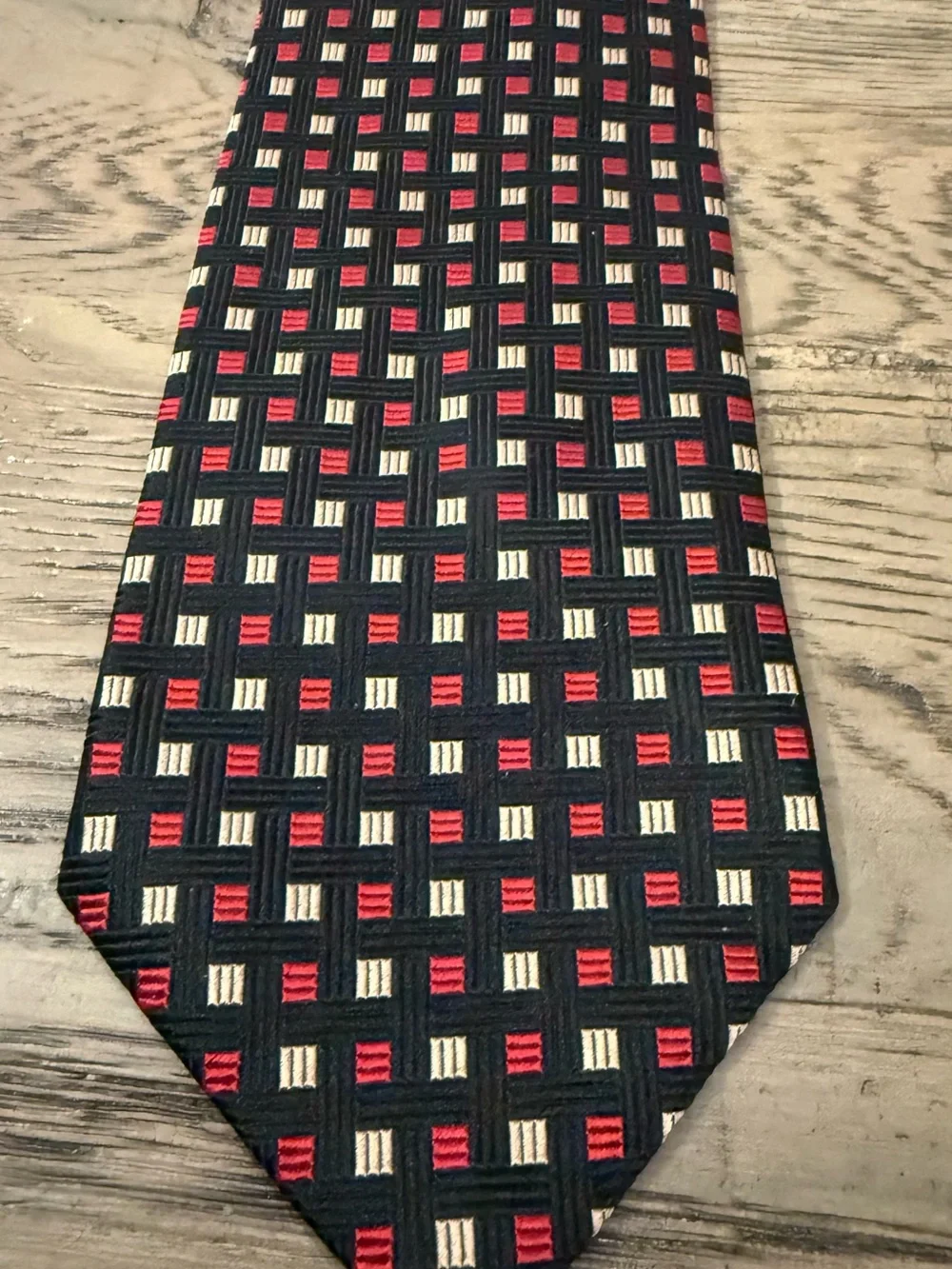 Jos. A. Bank Black Tie with Red and Cream Square Pattern